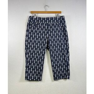 Ruby‎ Rd Pineapple Capri Pants Womens 12P Navy Blue White Tropical Crop Stretch